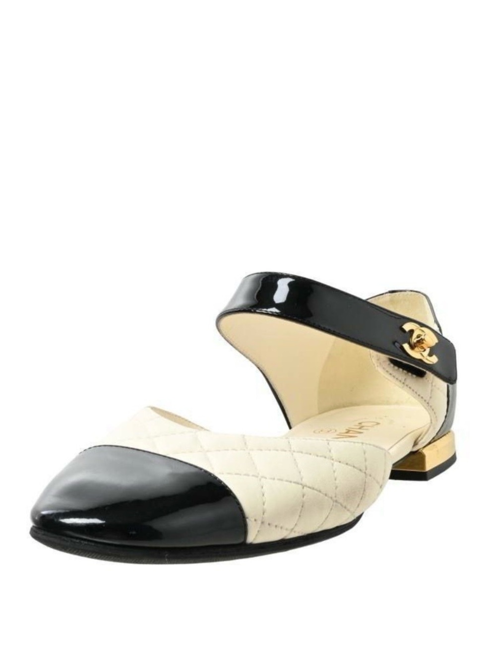 CHANEL Black & Cream Quilted Mary Jane Flats with Gold CC Hardware